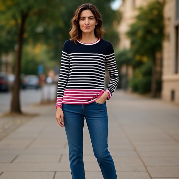 Talbots Sweater Pink Blue Striped 100% Cotton Medium Petite MP Nautical - Picture 1 of 11